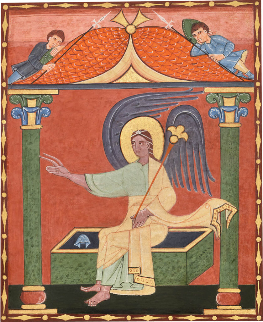 Medieval illustration of a winged angel seated on a tomb gesturing to the viewer's left, with two figures leaning above under a decorative roof and columns framing the scene.