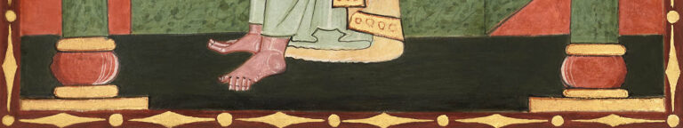 Cropped detail of a medieval illustration showing bare feet and robe hem between two column bases and a decorative red and gold border.