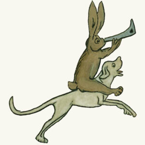 Picture of a rabbit riding on the back of a running dog and playing a horn