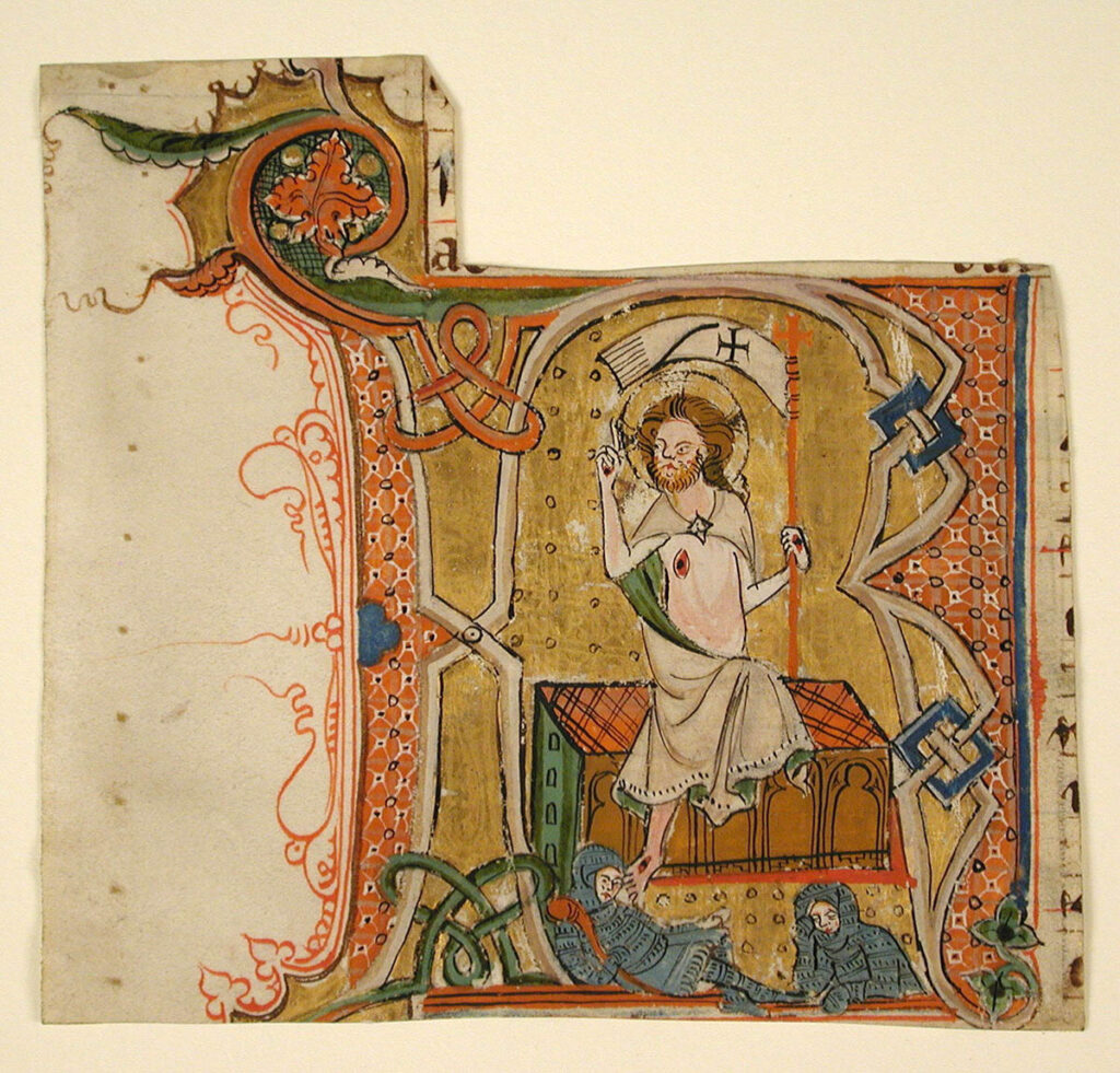 Medieval manuscript initial showing Christ rising from the tomb, holding a cross staff, with sleeping soldiers below and decorative borders around the letter.