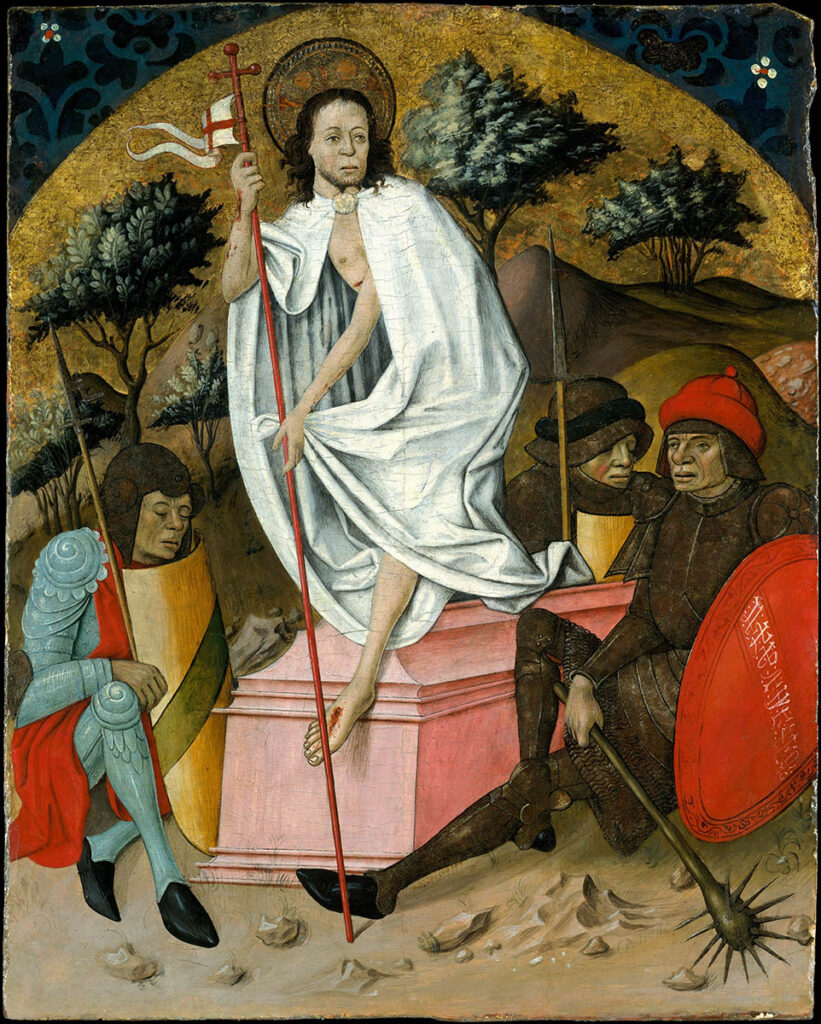 Painting of Christ rising from a pink tomb holding a cross staff and white banner, with armored soldiers seated around him against a gold background and trees.